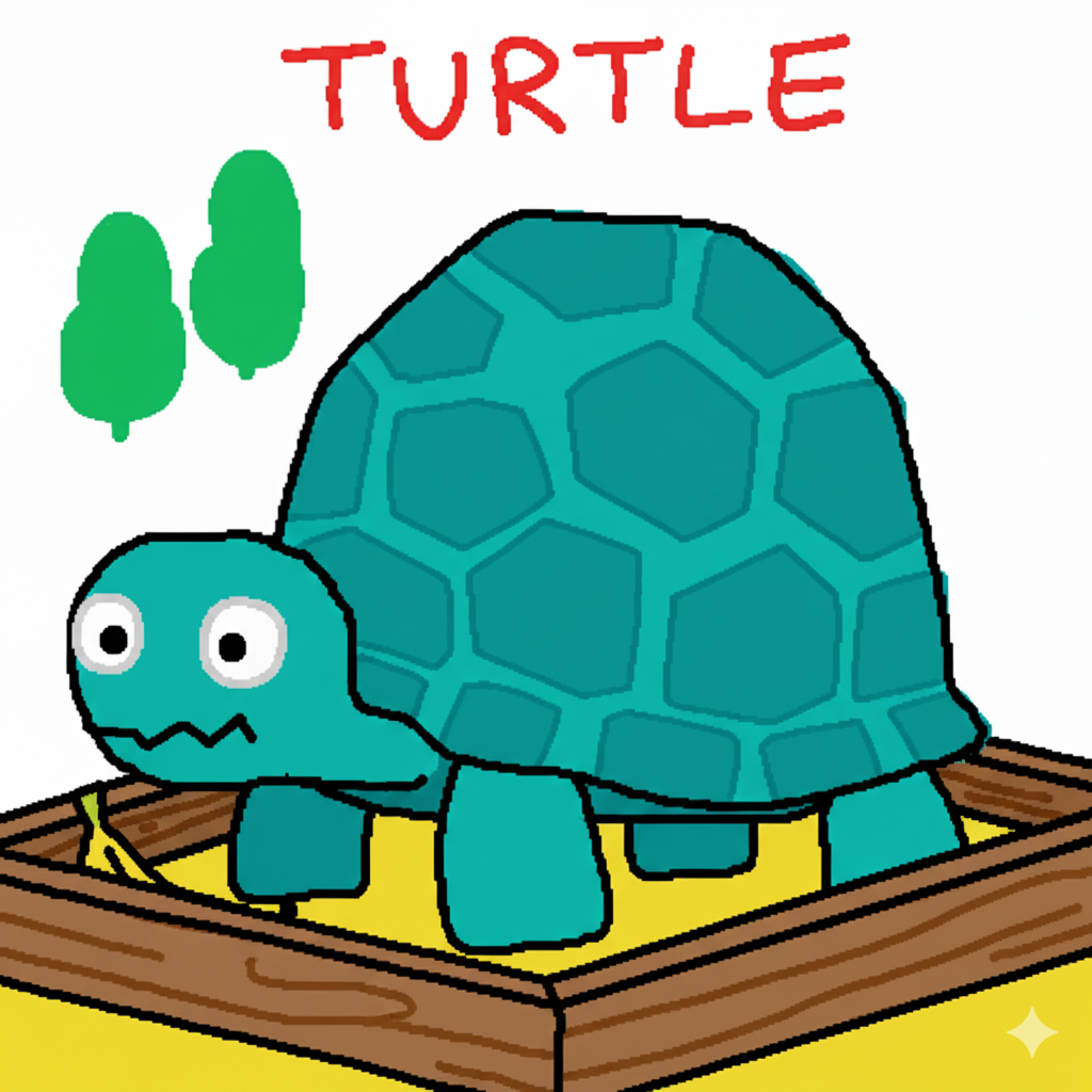 A poorly drawn teal turtle in a sandbox with a banana